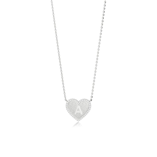 Rhodium Plated Silver Heart Initial Necklace AW24N003R