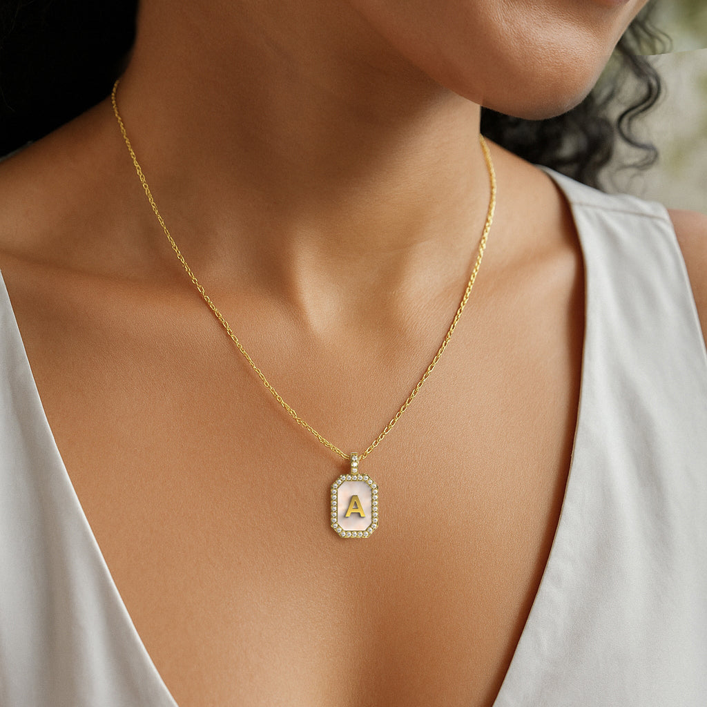 18k Gold Plated Pearl Initial Zodiac & Initial Gemstone Pendant Necklace – Octagon  AW24N004G