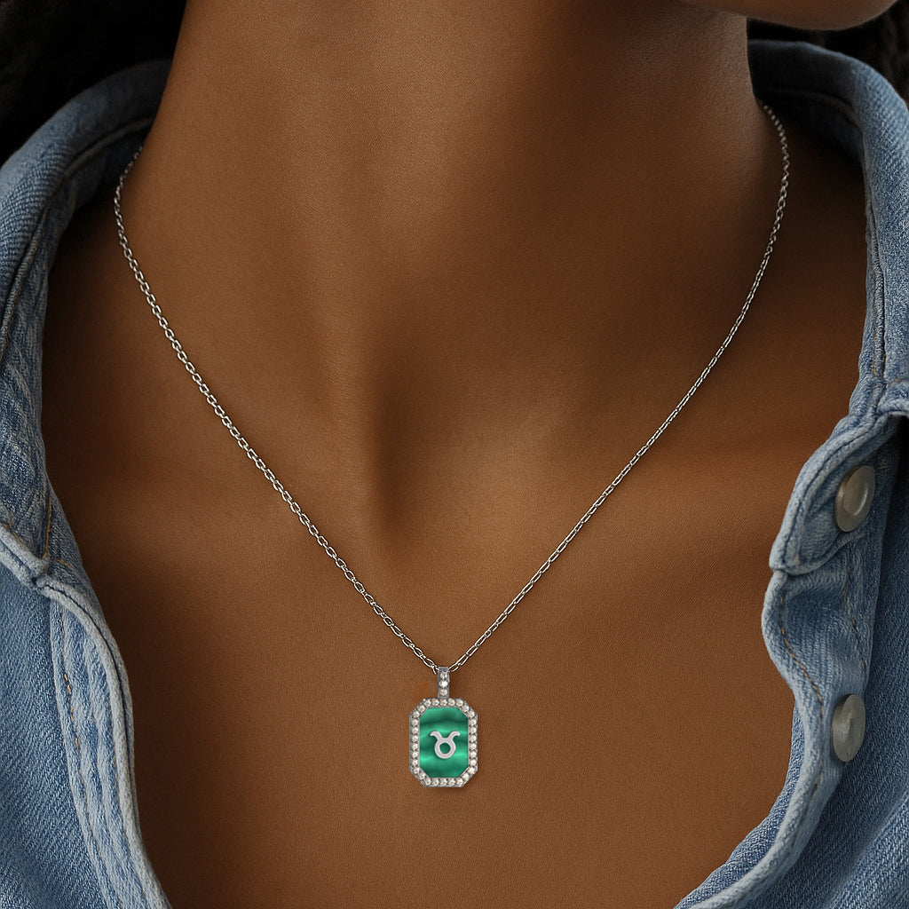 Rhodium Plated Malachite Zodiac & Initial Necklace – OctagonAW24N004R