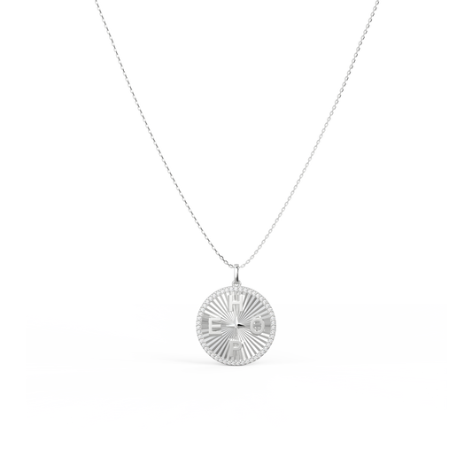 Rhodium Plated Personal Story Medallion Necklace – Lucky Symbol & Engravable（Pleated）AW24N007B