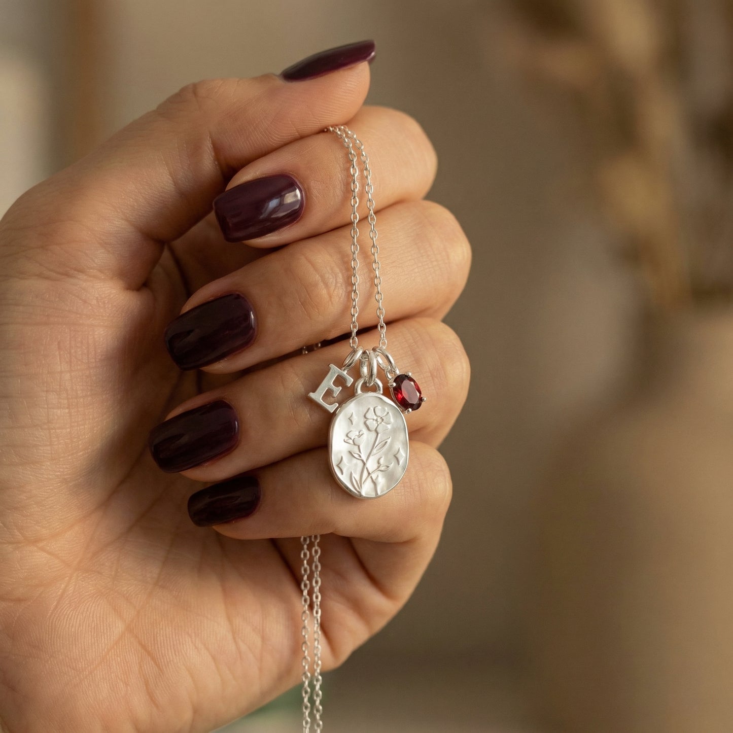 January Carnation & Garnet Initial Necklace